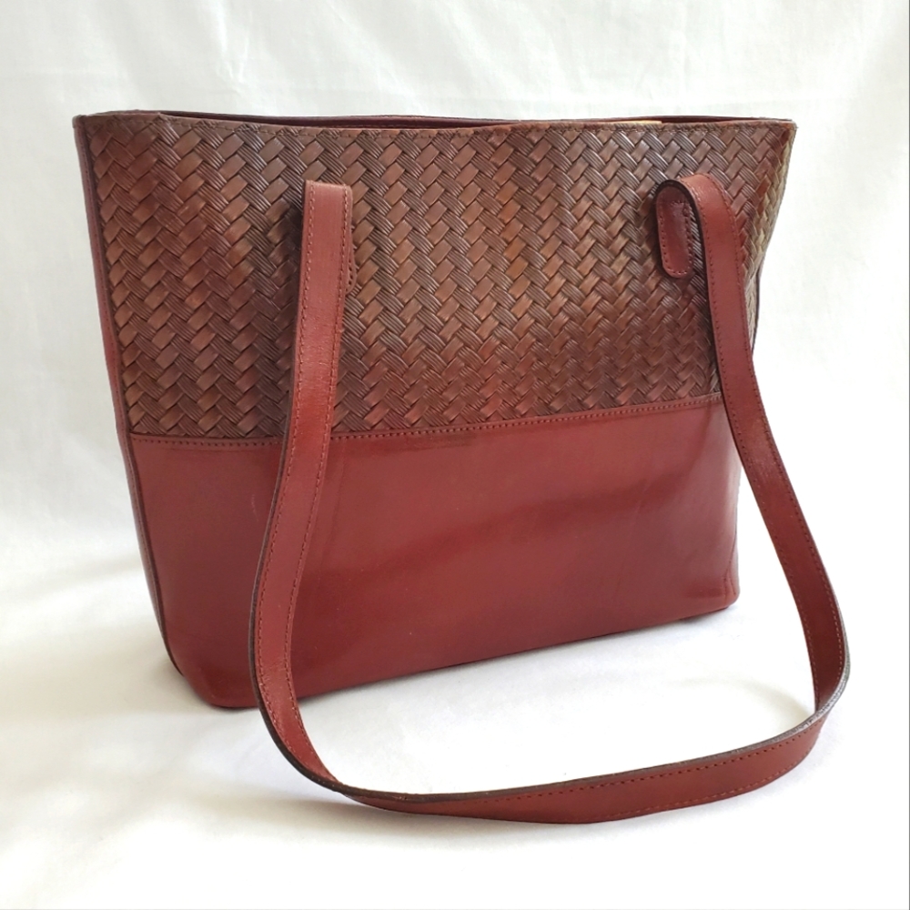 Brahmin Woven and Smooth Leather Tote in Chestnut Red. Size is 9”x12”x4”. - Picture 12 of 12